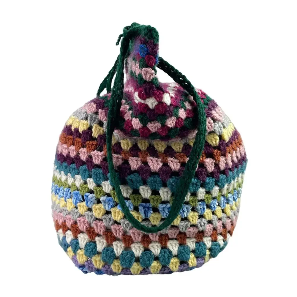 Women's Multicolor Colorful Crochet Knit Granny Striped Shoulder Tote Handbag OS